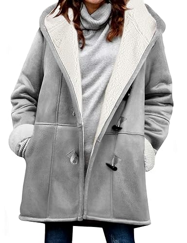 Yuson Girl Winterjacke Damen Lang Wintermantel Wildleder Fleecejacke Lose Winterparka Winter Warm Cardigan Outwear Einfarbig Kapuzenjacke mit Kapuze und Seitentaschen(Hellgrau, S) von Yuson Girl