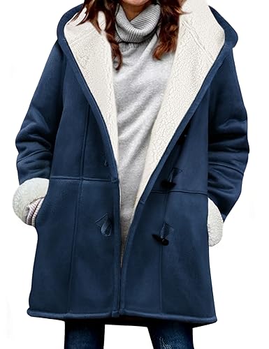 Yuson Girl Fleecejacke Damen Lang Kapuzenjacke Warm Einfarbig Kapuzenpullover Lose Winterjacke Fleece Wintermantel Langarm Cardigan Outwear Wildleder Sweatjacke mit Taschen(Marine, M) von Yuson Girl