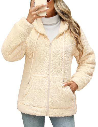 Yuson Girl Fleecepullover Damen Flauschig Teddyjacke Herbst Winter Warm Kuschelpullover Teddyfleece Hoodie Jacke Reißverschluss Plüschjacke Sweatshirt mit Kapuze und Taschen(Beige, L) von Yuson Girl