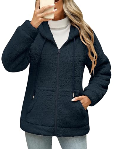 Yuson Girl Fleecepullover Damen Flauschig Teddyjacke Herbst Winter Warm Kuschelpullover Teddyfleece Hoodie Jacke Reißverschluss Plüschjacke Sweatshirt mit Kapuze und Taschen(Marineblau, XL) von Yuson Girl