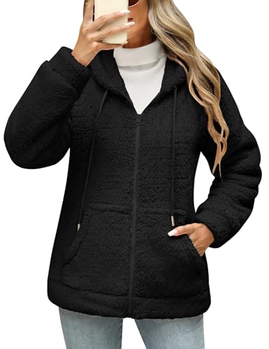 Yuson Girl Fleecepullover Damen Flauschig Teddyjacke Herbst Winter Warm Kuschelpullover Teddyfleece Hoodie Jacke Reißverschluss Plüschjacke Sweatshirt mit Kapuze und Taschen(Schwarz, M) von Yuson Girl