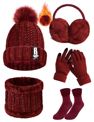 Yuson Girl Handschuhe Wintermütze Ohrenschützer Strümpfe Schal Set Damen 5 Stücke Winter Ski Outing Set für Outdoor Sport(Burgunderrot) von Yuson Girl