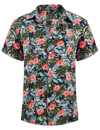 Yuson Girl Hawaii Hemd Männer Funky Hawaiihemd Herren Kurzarm Casual Floral Blumenmuster Hawaiihemd Unisex Button Down Baumwolle Sommerhemd Aloha Bedruckter Strand Beilaufig Hawaii Hemd(Marineblau,XL) von Yuson Girl