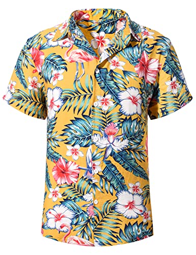 Yuson Girl Hawaii Hemd Männer Funky Hawaiihemd Herren Kurzarm Casual Floral Blumenmuster Hawaiihemd Unisex Button Down Baumwolle Sommerhemd Aloha Bedruckter Strand Beilaufig Hawaii Hemd(Gelb, M) von Yuson Girl
