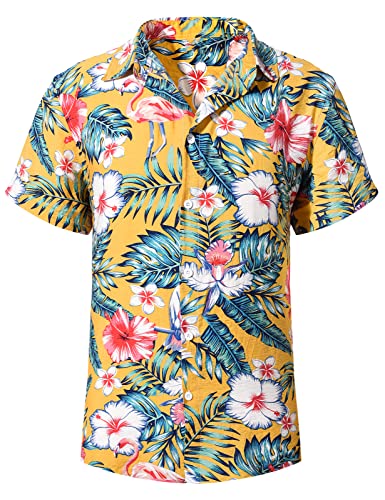 Yuson Girl Hawaii Hemd Männer Funky Hawaiihemd Herren Kurzarm Casual Floral Blumenmuster Hawaiihemd Unisex Button Down Baumwolle Sommerhemd Aloha Bedruckter Strand Beilaufig Hawaii Hemd(Gelb, XL) von Yuson Girl