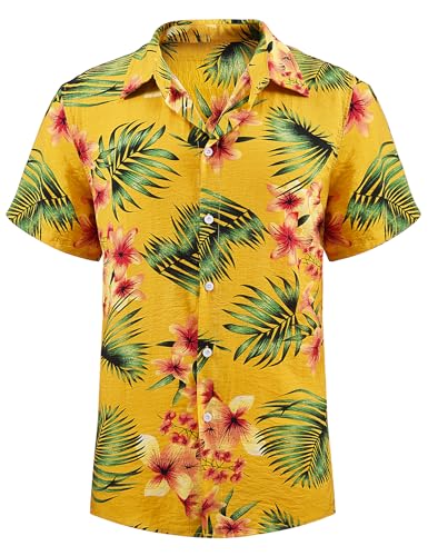 Yuson Girl Hawaii Hemd Männer Funky Hawaiihemd Herren Kurzarm Casual Floral Blumenmuster Hawaiihemd Unisex Button Down Baumwolle Sommerhemd Aloha Bedruckter Strand Beilaufig Hawaii Hemd(Gelb-2, L) von Yuson Girl