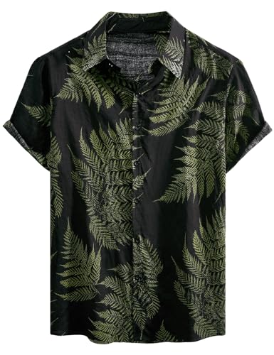 Yuson Girl Hawaii Hemd Männer Funky Hawaiihemd Herren Kurzarm Freizeit Hemd Button Down Baumwolle Sommerhemd Hawaii-Print Strandhemd Urlaub Hemd Strand Beach Reise Shirt(Dunkelgrüner Druck, L) von Yuson Girl