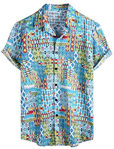 Yuson Girl Hawaii Hemd Männer Funky Hawaiihemd Herren Kurzarm Freizeit Hemd Button Down Baumwolle Sommerhemd Hawaii-Print Strandhemd Urlaub Hemd Strand Beach Reise Shirt(Himmelblau, L) von Yuson Girl