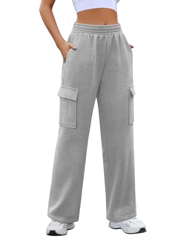 Yuson Girl Jogginghose Damen Gefütterte Cargohose Warme Fleece Baumwolle Freizeithose High Waist Sporthose Lang Thermo Fleece Sweathose Outdoor Kordelzug Traininghose mit Taschen(Grau, M) von Yuson Girl