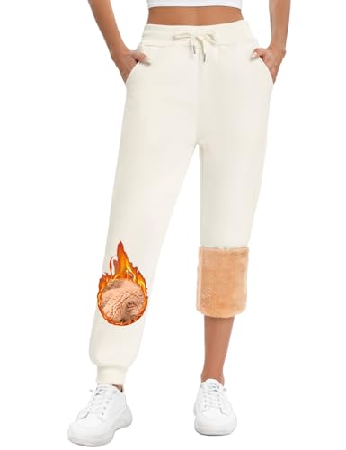 Yuson Girl Jogginghose Damen Warm Winter Gefütterte Freizeithose Baumwolle Thermo Fleece Hosen High Waist Sporthose Outdoor Lang Sweathose Verdickte Laufhose Mit Kordelzug Taschen(Beige, XXL) von Yuson Girl