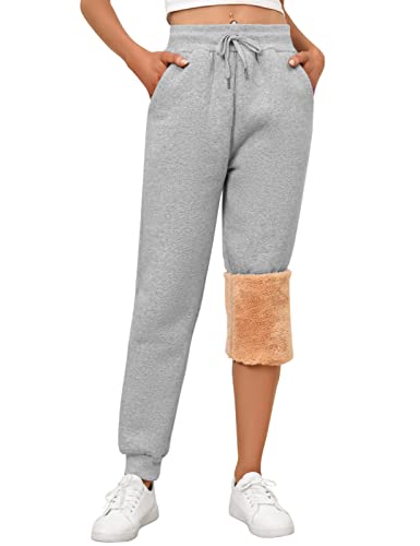 Yuson Girl Jogginghose Damen Warm Winter Gefütterte Freizeithose Baumwolle Thermo Fleece Hosen High Waist Sporthose Outdoor Lang Sweathose Verdickte Laufhose Mit Kordelzug Taschen(Hellgrau, XL) von Yuson Girl