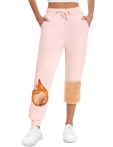 Yuson Girl Jogginghose Damen Warm Winter Gefütterte Freizeithose Baumwolle Thermo Fleece Hosen High Waist Sporthose Outdoor Lang Sweathose Verdickte Laufhose Mit Kordelzug Taschen(Rosa, S) von Yuson Girl