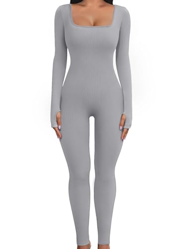 Yuson Girl Jumpsuit Damen Lang Sport Yoga Bodysuit Overall Stretch Jumpsuits Eng Quadratischer Hals Langarm Jumpsuit Einteiligem Workout Playsuits Sportkleidung Frauen Set(Hellgrau, S) von Yuson Girl