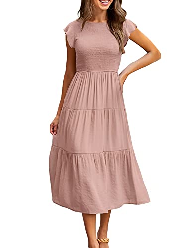 Yuson Girl Kleid Damen Sommerkleid Lang Casual Rundhals Flatterärmel Maxikleider Sommer Knielang Strandkleid Elastische Taille Lang Kleider Gestuftes Rüschen A Linie Kleid(Rosa, L) von Yuson Girl