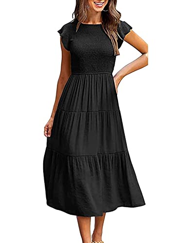 Yuson Girl Kleid Damen Sommerkleid Lang Casual Rundhals Flatterärmel Maxikleider Sommer Knielang Strandkleid Elastische Taille Lang Kleider Gestuftes Rüschen A Linie Kleid(Schwarz, L) von Yuson Girl