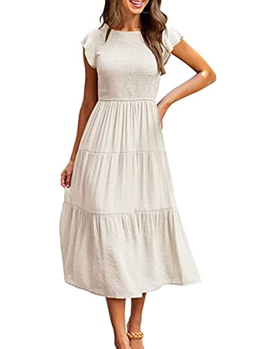 Yuson Girl Kleid Damen Sommerkleid Lang Casual Rundhals Flatterärmel Maxikleider Sommer Knielang Strandkleid Elastische Taille Lang Kleider Gestuftes Rüschen A Linie Kleid(Weiß, L) von Yuson Girl