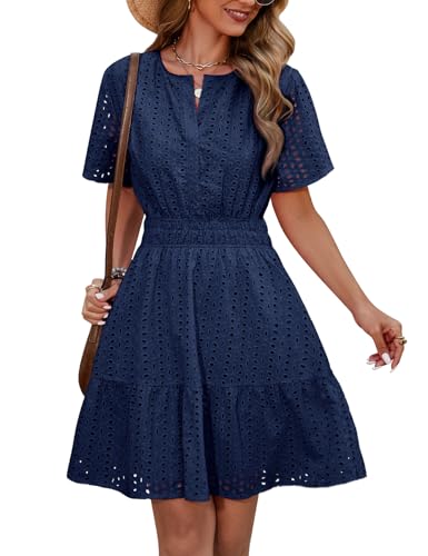 Yuson Girl Kleid Damen Sommerkleid V-Ausschnitt Kurzärmeliges Kleider Sommer Baumwolle Ausgehöhltes Minikleid Kurz Strandkleid Freizeitkleid High Waist A-Linien Sommerkleid(Marine, M) von Yuson Girl