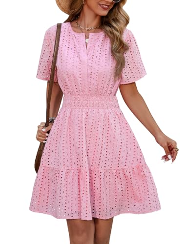 Yuson Girl Kleid Damen Sommerkleid V-Ausschnitt Kurzärmeliges Kleider Sommer Baumwolle Ausgehöhltes Minikleid Kurz Strandkleid Freizeitkleid High Waist A-Linien Sommerkleid(Rosa, XL) von Yuson Girl
