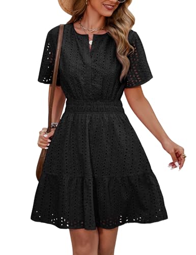 Yuson Girl Kleid Damen Sommerkleid V-Ausschnitt Kurzärmeliges Kleider Sommer Baumwolle Ausgehöhltes Minikleid Kurz Strandkleid Freizeitkleid High Waist A-Linien Sommerkleid(Schwarz, S) von Yuson Girl