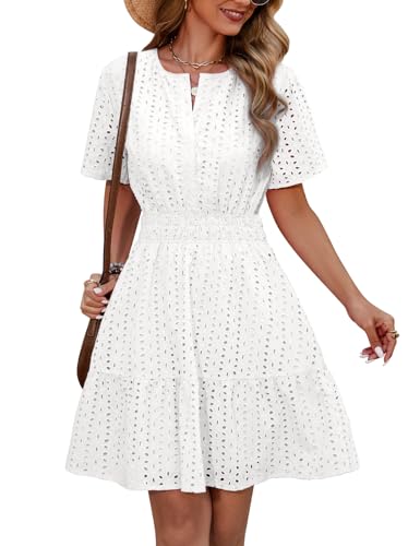 Yuson Girl Kleid Damen Sommerkleid V-Ausschnitt Kurzärmeliges Kleider Sommer Baumwolle Ausgehöhltes Minikleid Kurz Strandkleid Freizeitkleid High Waist A-Linien Sommerkleid(Weiß, L) von Yuson Girl