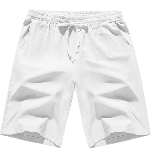 Yuson Girl Kurze Hosen Herren Shorts Leinenimitat Sommer Baumwolle Shorts Einfarbige Locker Kurze Freizeithose Leicht Elastische Taille Hose mit Taschen, Tunnelzug M-XXL(Weiß, L) von Yuson Girl