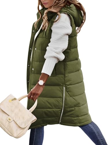 Yuson Girl Lange Jacke Weste für Damen Ärmellose Kapuzenweste Steppweste Damen Lang Winteroberbekleidung Weste Damen Lang Reißverschluss Mantel Outdoor Winterjacke Mit Tasche(Armeegrün, M) von Yuson Girl