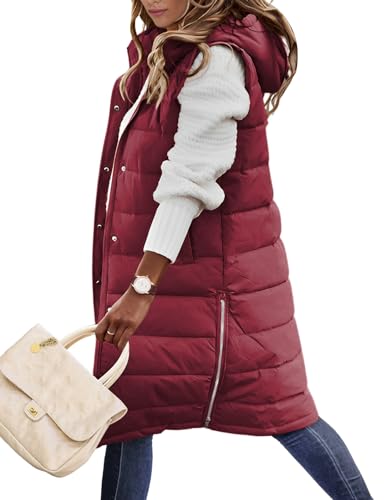 Yuson Girl Lange Jacke Weste für Damen Ärmellose Kapuzenweste Steppweste Damen Lang Winteroberbekleidung Weste Damen Lang Reißverschluss Mantel Outdoor Winterjacke Mit Tasche(Burgunderrot, L) von Yuson Girl