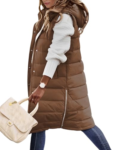 Yuson Girl Lange Jacke Weste für Damen Ärmellose Kapuzenweste Steppweste Damen Lang Winteroberbekleidung Weste Damen Lang Reißverschluss Mantel Outdoor Winterjacke Mit Tasche(Kaffee, M) von Yuson Girl