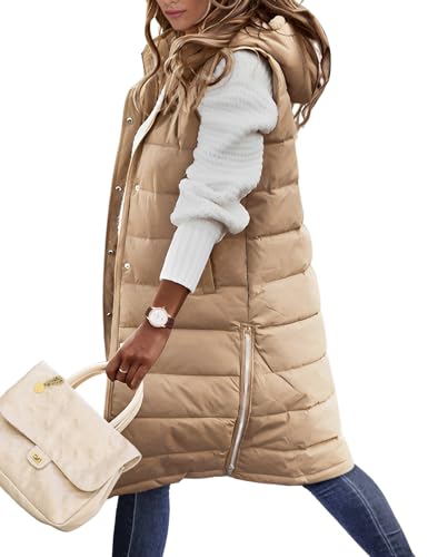 Yuson Girl Lange Jacke Weste für Damen Ärmellose Kapuzenweste Steppweste Damen Lang Winteroberbekleidung Weste Damen Lang Reißverschluss Mantel Outdoor Winterjacke Mit Tasche(Khaki, M) von Yuson Girl