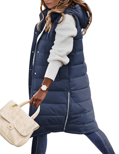 Yuson Girl Lange Jacke Weste für Damen Ärmellose Kapuzenweste Steppweste Damen Lang Winteroberbekleidung Weste Damen Lang Reißverschluss Mantel Outdoor Winterjacke Mit Tasche(Marineblau, M) von Yuson Girl