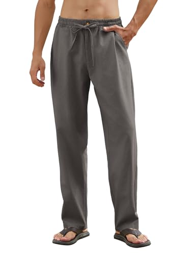 Yuson Girl Leinenhose Herren Lang Leicht Sommerhose Loose Fit Freizeithose Einfarbig Sommer Strandhose für Urlaub Alltag Dünne Leinen Hose Herren mit Kordelzug, Taschen(Grau, XL) von Yuson Girl