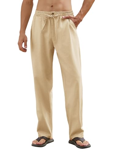 Yuson Girl Leinenhose Herren Lang Leicht Sommerhose Loose Fit Freizeithose Einfarbig Sommer Strandhose für Urlaub Alltag Dünne Leinen Hose Herren mit Kordelzug, Taschen(Khaki, XL) von Yuson Girl