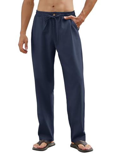 Yuson Girl Leinenhose Herren Lang Leicht Sommerhose Loose Fit Freizeithose Einfarbig Sommer Strandhose für Urlaub Alltag Dünne Leinen Hose Herren mit Kordelzug, Taschen(Marine, XXL) von Yuson Girl