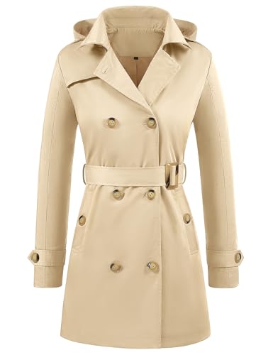 Yuson Girl Mantel Damen Zweireihiger Revers Trenchcoat Lange Wasserdichte Übergangsjacke Windbreaker Outwear Leicht Regenjacke mit Abnehmbare Kapuze für Frühling Sommer Herbst(Khaki, XXL) von Yuson Girl