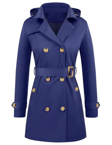 Yuson Girl Mantel Damen Zweireihiger Revers Trenchcoat Lange Wasserdichte Übergangsjacke Windbreaker Outwear Leicht Regenjacke mit Abnehmbare Kapuze für Frühling Sommer Herbst(Marineblau, S) von Yuson Girl