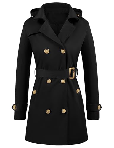 Yuson Girl Mantel Damen Zweireihiger Revers Trenchcoat Lange Wasserdichte Übergangsjacke Windbreaker Outwear Leicht Regenjacke mit Abnehmbare Kapuze für Frühling Sommer Herbst(Schwarz, XXL) von Yuson Girl
