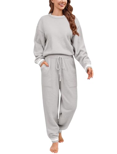 Yuson Girl Schlafanzug Damen Fleece Pyjama Set Kuscheliger Zweiteiliger Set Schlafanzug mit Rundhals Winter Langarm Flauschig Hausanzug Thermo Nachtwäsche Loungewear(Grau, M) von Yuson Girl
