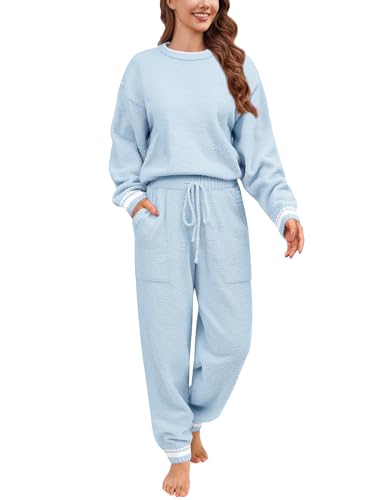 Yuson Girl Schlafanzug Damen Fleece Pyjama Set Kuscheliger Zweiteiliger Set Schlafanzug mit Rundhals Winter Langarm Flauschig Hausanzug Thermo Nachtwäsche Loungewear(Himmelblau, S) von Yuson Girl