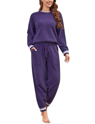 Yuson Girl Schlafanzug Damen Fleece Pyjama Set Kuscheliger Zweiteiliger Set Schlafanzug mit Rundhals Winter Langarm Flauschig Hausanzug Thermo Nachtwäsche Loungewear(Lila, XXL) von Yuson Girl