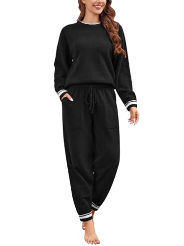 Yuson Girl Schlafanzug Damen Fleece Pyjama Set Kuscheliger Zweiteiliger Set Schlafanzug mit Rundhals Winter Langarm Flauschig Hausanzug Thermo Nachtwäsche Loungewear(Schwarz, L) von Yuson Girl
