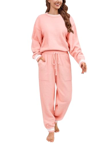 Yuson Girl Schlafanzug Damen Fleece Pyjama Set Kuscheliger Zweiteiliger Set Schlafanzug mit Rundhals Winter Langarm Flauschig Hausanzug Thermo Nachtwäsche Loungewear(Staubrosa, M) von Yuson Girl