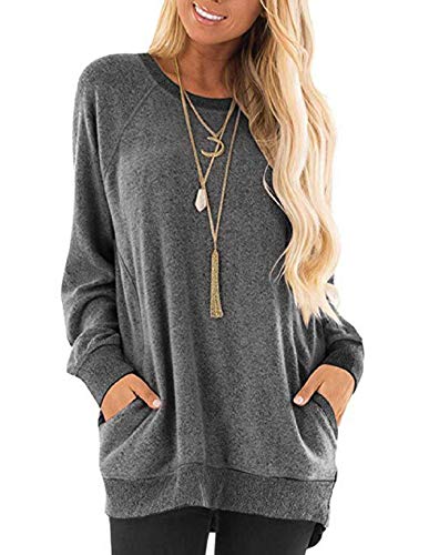 Yuson Girl Sweatshirts Damen Sportbekleidung mit Seitentasche Lang Lose Langarm Casual Top mit kontrastierendem Farbdesign (Grau, M) von Yuson Girl