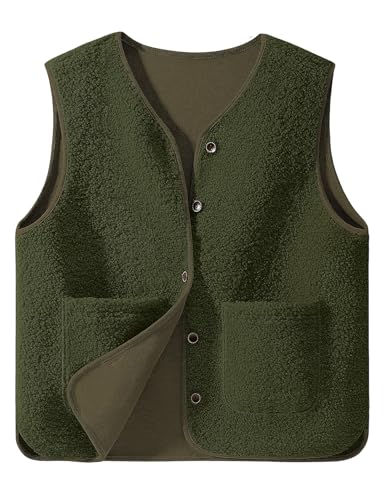 Yuson Girl Teddy Fleece Weste Damen Herbst Winter Warm Ärmellose Westen Kurze Winterjacke mit Knöpfen Bequem Einfarbig Übergangsjack Leicht Plüsch Ärmellos Jacke Outdoor Fleeceweste(Armeegrün, XXL) von Yuson Girl
