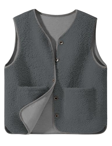 Yuson Girl Teddy Fleece Weste Damen Herbst Winter Warm Ärmellose Westen Kurze Winterjacke mit Knöpfen Bequem Einfarbig Übergangsjack Leicht Plüsch Ärmellos Jacke Outdoor Fleeceweste(Grau, S) von Yuson Girl