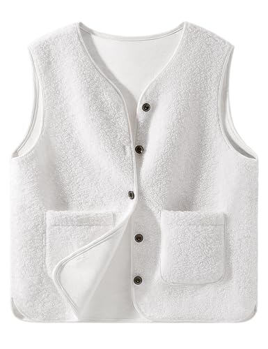 Yuson Girl Teddy Fleece Weste Damen Herbst Winter Warm Ärmellose Westen Kurze Winterjacke mit Knöpfen Bequem Einfarbig Übergangsjack Leicht Plüsch Ärmellos Jacke Outdoor Fleeceweste(Weiß, S) von Yuson Girl