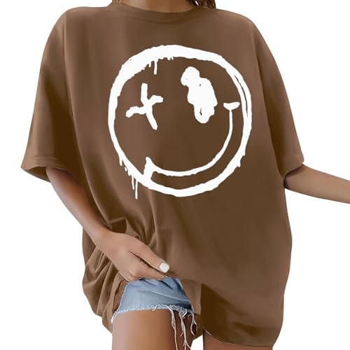 Yuson Girl Tshirt Damen Oversized Smile Druck T Shirt Rundhals Kurzarm Top Sommer T-Shirt Baumwolle Breite Schulter T-Shirt Lose Bluse Lang Tunika Top für Teenager Mädchen(Braun 1, M) von Yuson Girl