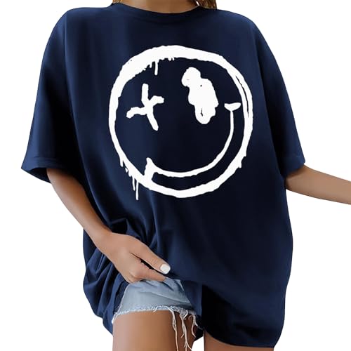 Yuson Girl Tshirt Damen Oversized Smile Druck T Shirt Rundhals Kurzarm Top Sommer T-Shirt Baumwolle Breite Schulter T-Shirt Lose Bluse Lang Tunika Top für Teenager Mädchen(Marineblau, XL) von Yuson Girl
