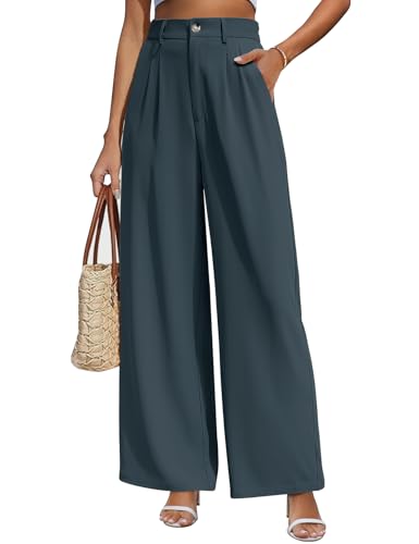Yuson Girl Weite Hosen Damen Lockere Palazzo Hose Hohe Taille Stoffhose Lässig Gerade Beinform Hosen Einfarbig Hose Weites Bein Lang Elegant Freizeit Anzughose Damen mit Tasche(Blaugrau, L) von Yuson Girl