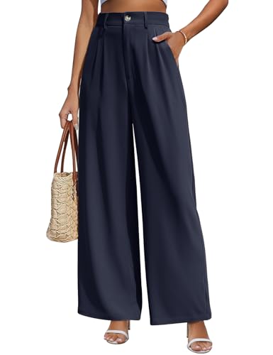 Yuson Girl Weite Hosen Damen Lockere Palazzo Hose Hohe Taille Stoffhose Lässig Gerade Beinform Hosen Einfarbig Hose Weites Bein Lang Elegant Freizeit Anzughose Damen mit Tasche(Marineblau, L) von Yuson Girl