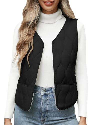 Yuson Girl Weste Damen Ärmellos Fleece Westen Kurze Herbst Winter Wärme Steppweste Leicht Einfarbig V-Ausschnitt Damenweste Bequem Weich Übergangsjack Casual Fleeceweste mit Knöpfen(Schwarz, M) von Yuson Girl